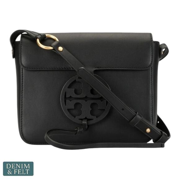 Tory Burch Miller Logo Black Leather Magnetic Flap Crossbody Bag 50769 8”x8” - Picture 1 of 16